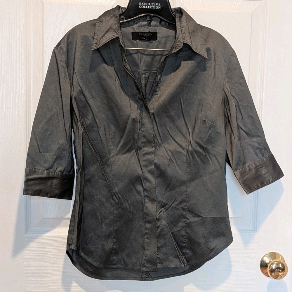 Dark Academia Office Siren Shimmer Gray Button Up Blouse Express Stretch‎ 7/8